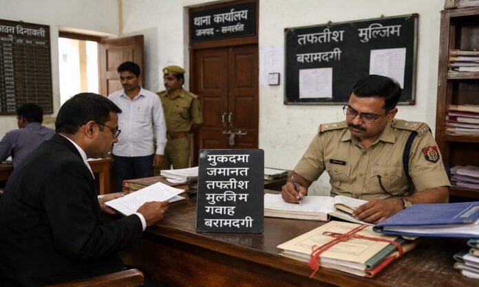 कानूनी दस्तावेजों के साथ बैठे पुलिस अधिकारी