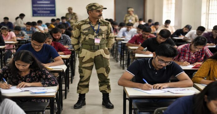 नीट यूजी री-एग्जाम 2026 से पहले परीक्षा केंद्र पर सुरक्षा व्यवस्था की जांच करते सुरक्षा कर्मी